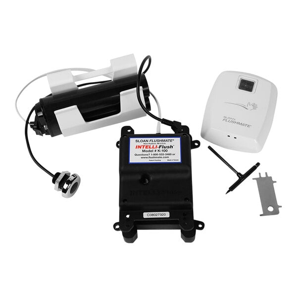 A white rectangular Flushmate Intelli-Flush device with a white label and a black cord.