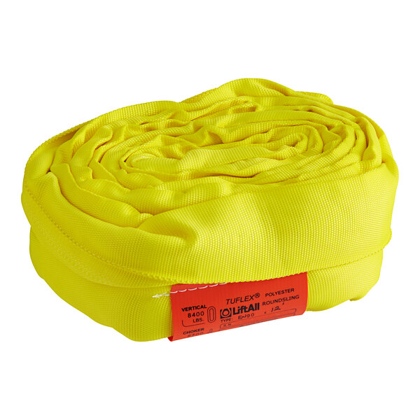 A yellow fabric roll with a red label that reads "Lift-All 12' Yellow Tuflex Endless Polyester Roundsling"