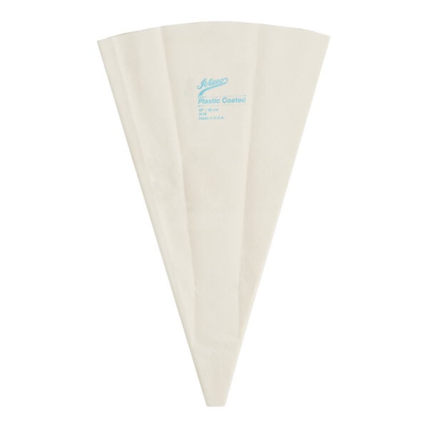 A white plastic-coated canvas bag with blue writing on it.