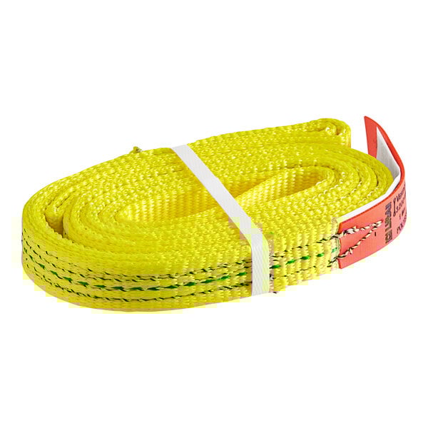 A yellow Lift-All polyester web sling with a white tag.