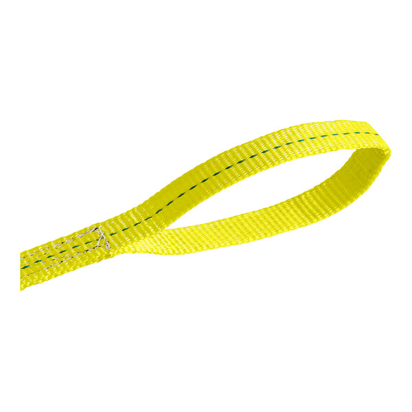 A yellow Lift-All 2-ply polyester web sling with white stitching and flat eyes.