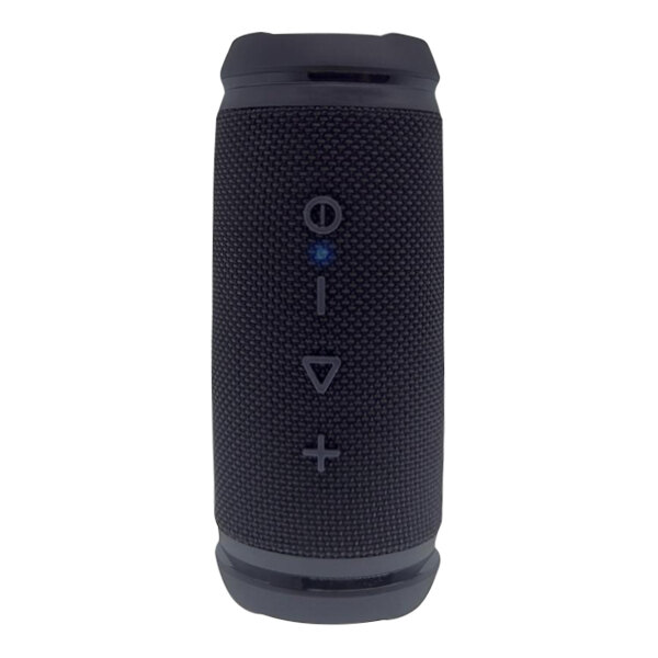 A close-up of the black Morpheus 360 Sound Stage portable speaker with buttons and a light.