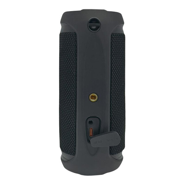 A close up of a black Morpheus 360 Sound Stage portable speaker with a button.