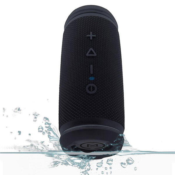 A close-up of a black Morpheus 360 Sound Stage outdoor wireless portable speaker in water.