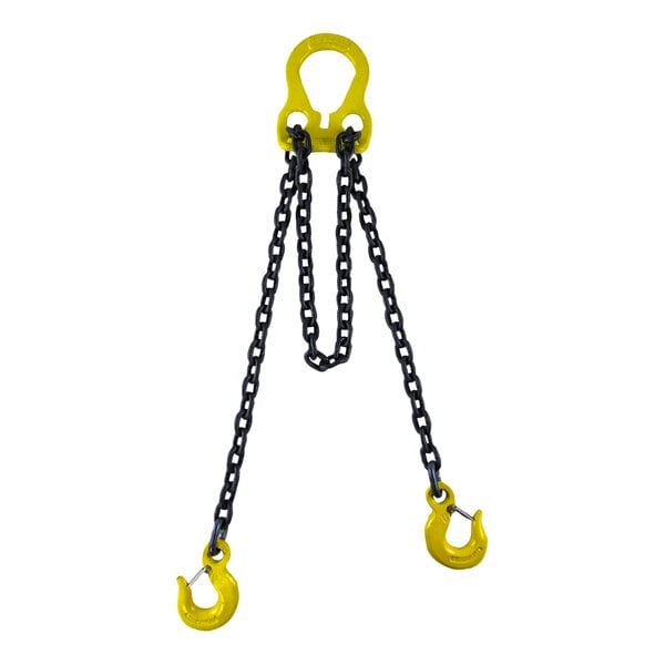 A yellow Lift-All chain with two hooks attached.