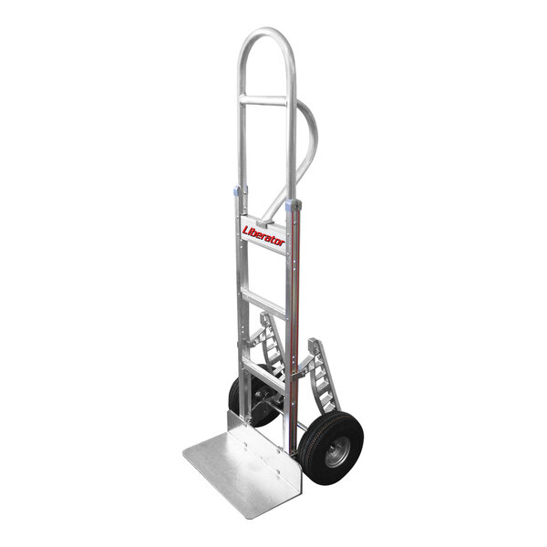 A silver B&P Manufacturing hand truck with black wheels and a vertical-grip straight loop handle.