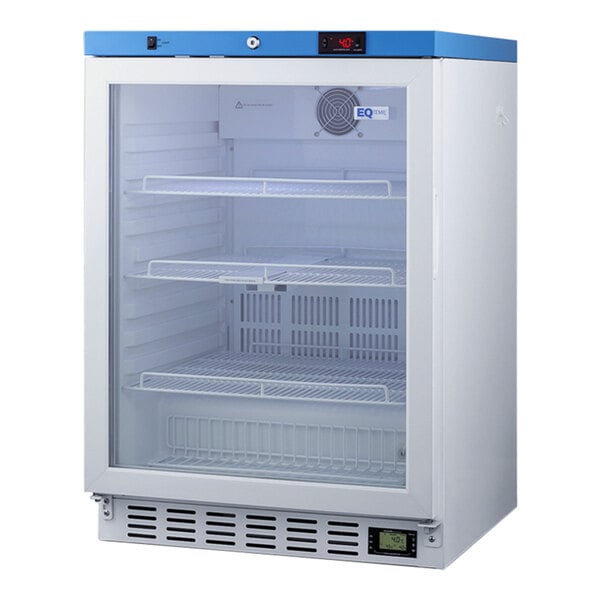 A white Summit medical refrigerator with a blue top and glass door.