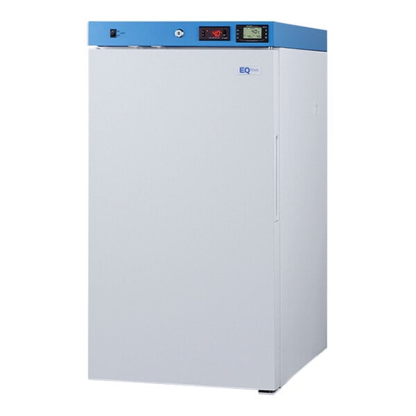 A white rectangular Summit Appliance medical refrigerator with blue trim.