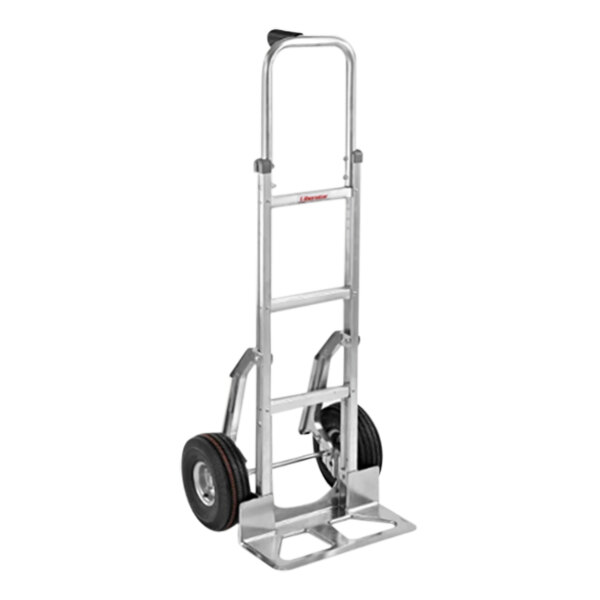 A silver B&P Manufacturing hand truck with wheels and a handle.