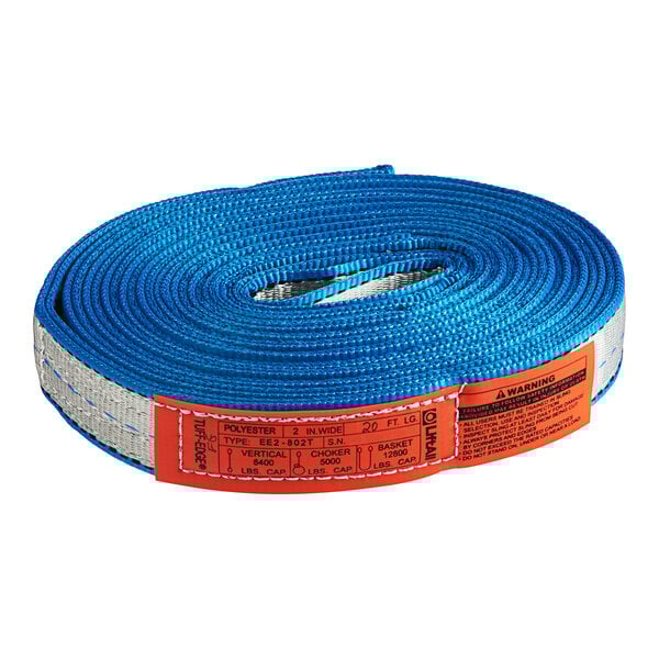 A blue and white Lift-All Tuff-Edge polyester web sling with orange stripes on the eyes.