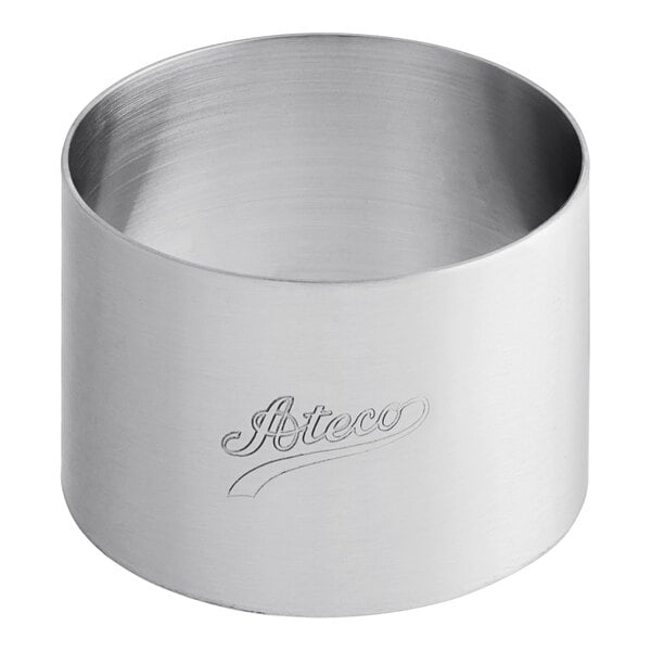 A stainless steel round cake ring mold with the word Ateco on it.