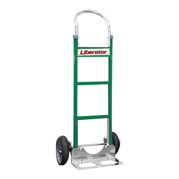 A green and silver B&P Manufacturing hand truck with D6SS wheels and a loop handle.