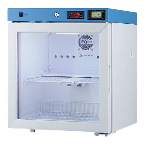 A Summit Appliance compact medical refrigerator with white and blue glass doors.