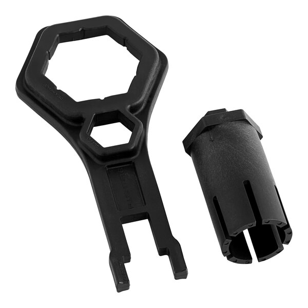 A black plastic tool kit with a black hexagon-shaped tool and a screw.