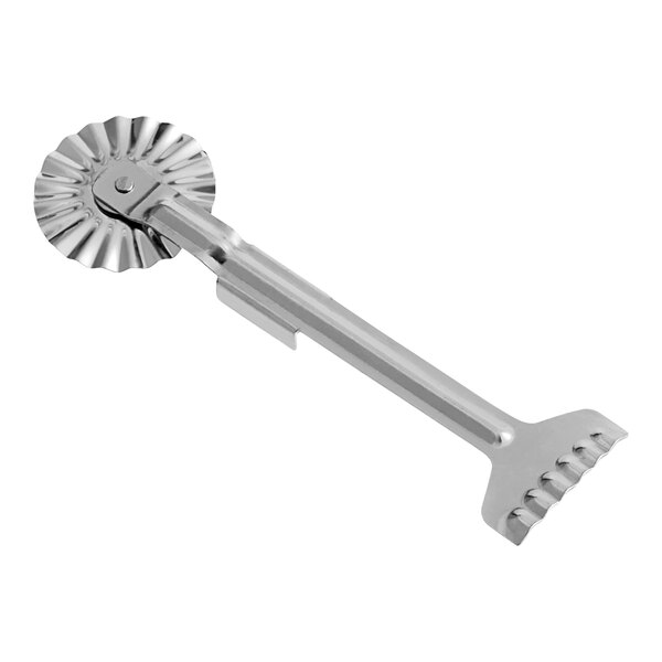A stainless steel Ateco fluted pastry cutter with a metal wheel and scalloped edge.