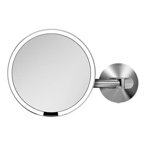 A simplehuman brushed stainless steel wall-mounted round sensor mirror.