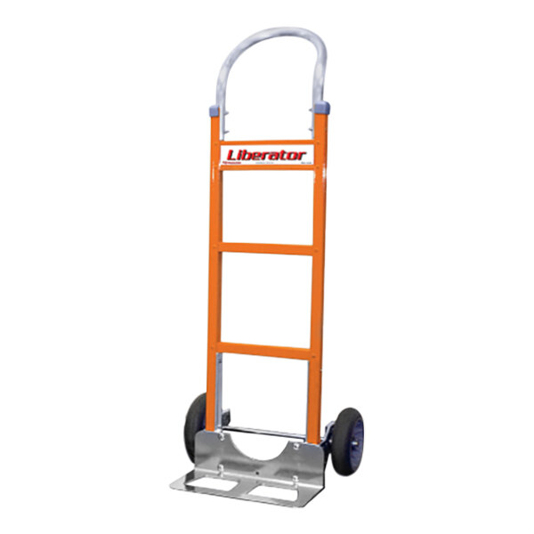 An orange and steel B&P Liberator hand truck with loop handle and 10" wheels.