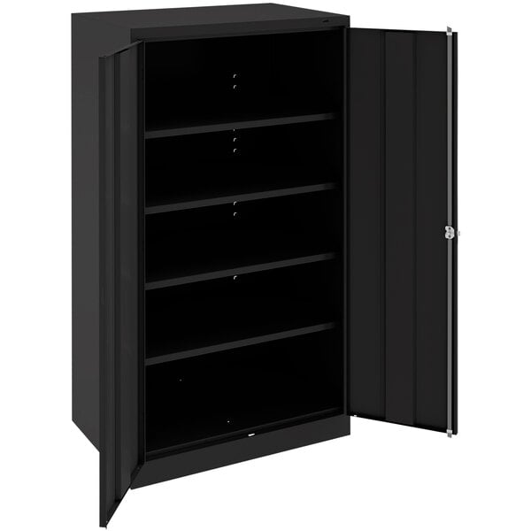 A black metal Tennsco storage cabinet with open doors.