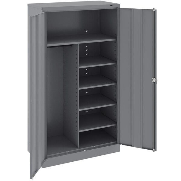 A dark gray metal Tennsco storage cabinet with solid doors.