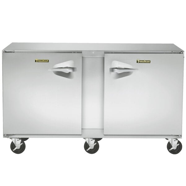 A Traulsen stainless steel undercounter refrigerator with two doors.