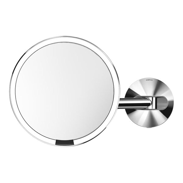 A round stainless steel wall-mounted sensor mirror with a round metal frame.
