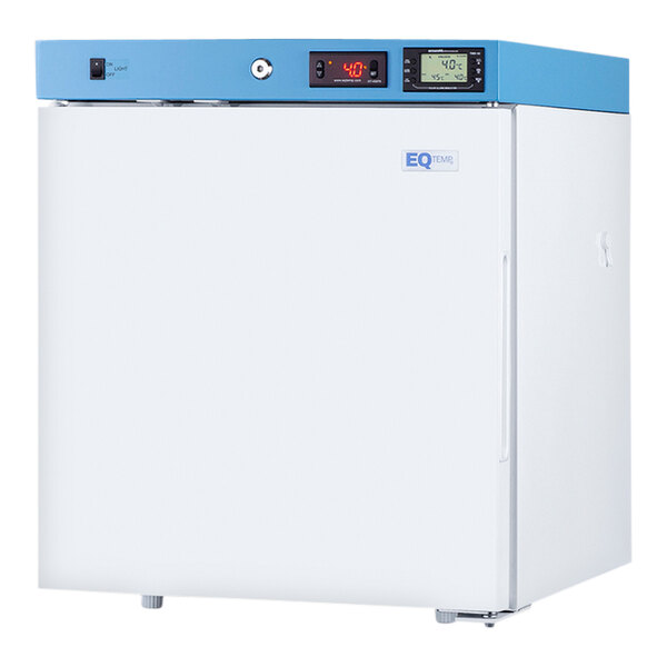 A white and blue Summit Appliance compact medical refrigerator with digital display.