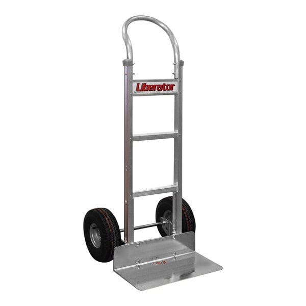 A silver B&P Manufacturing hand truck with black wheels and a loop handle.