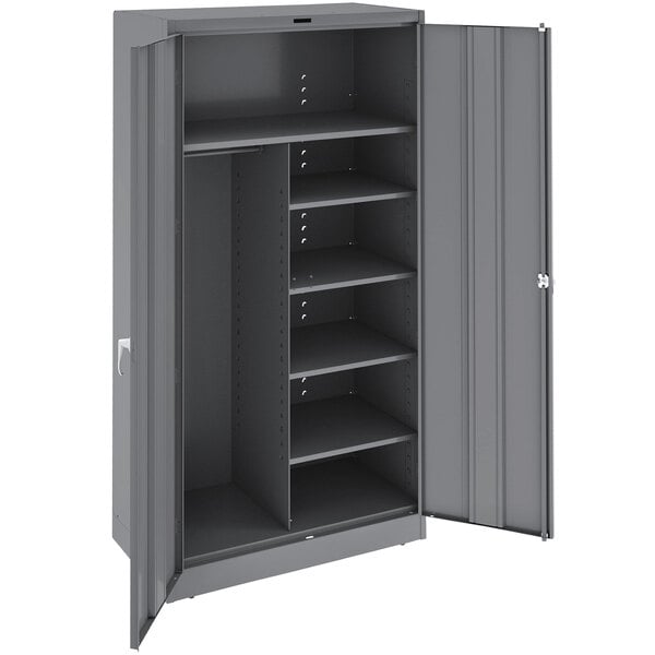 A dark gray metal Tennsco combination cabinet with shelves.