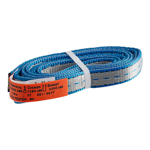 A blue and white Lift-All Tuff-Edge woven strap with orange tags.