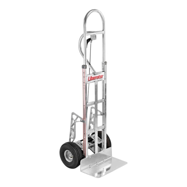 A silver B&P Manufacturing hand truck with wheels and a vertical grip handle.