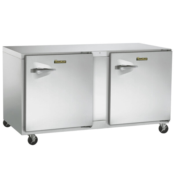 A Traulsen stainless steel undercounter freezer with right hinged doors.