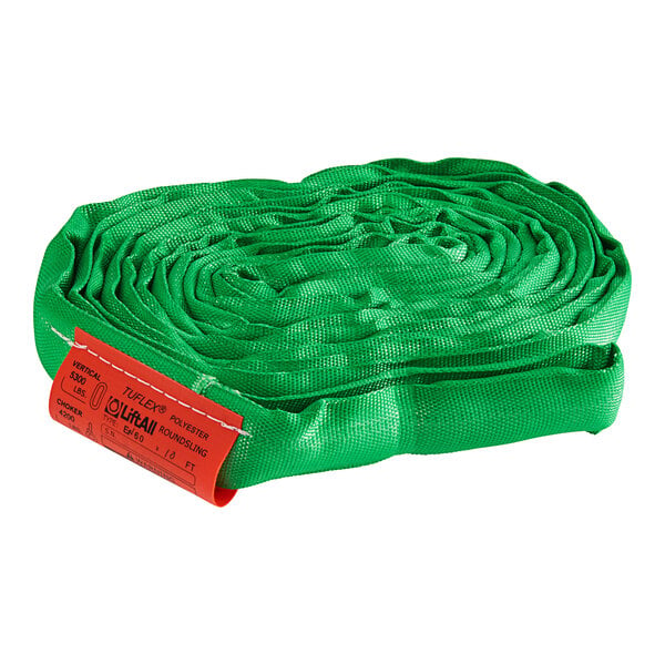 A roll of green Lift-All Tuflex polyester rope with a red label.