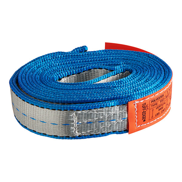 A blue and orange Lift-All Tuff-Edge flat eye polyester web sling.