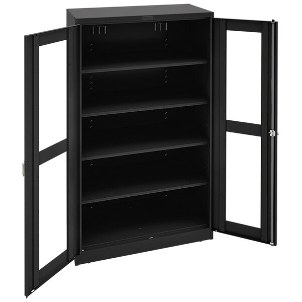 A black metal Tennsco storage cabinet with C-thru doors.