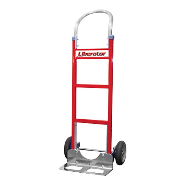 A red and silver B&P Manufacturing hand truck with loop handle and wheels.