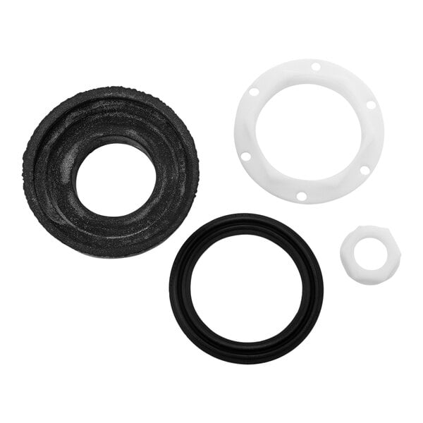 A white circle with black rubber seals and washers inside.