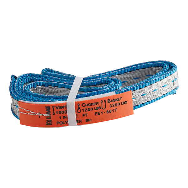 A blue and white Lift-All Tuff-Edge polyester web sling with an orange label.