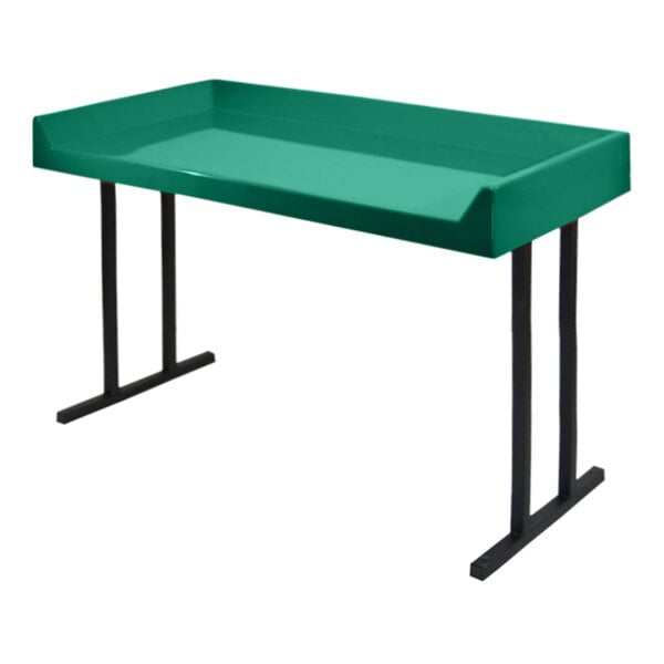 A green rectangular table with black legs.