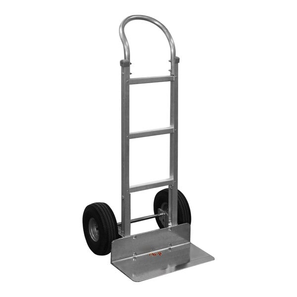 A silver B&P Manufacturing hand truck with black wheels and a loop handle.