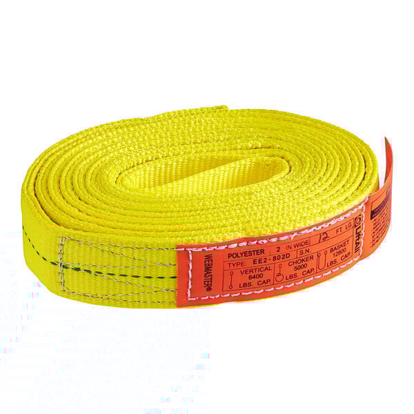A yellow Lift-All polyester strap with red label and flat eyes.