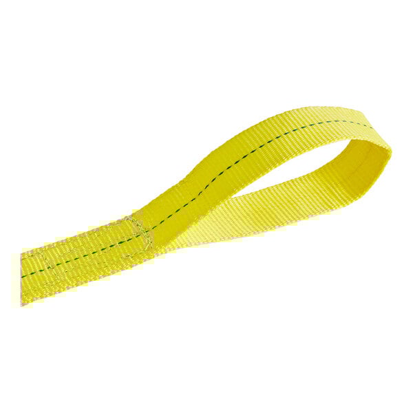 A yellow Lift-All polyester strap with green stitching and flat eyes.