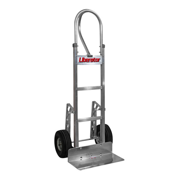 A silver B&P Manufacturing hand truck with black wheels and a vertical-grip straight loop handle.