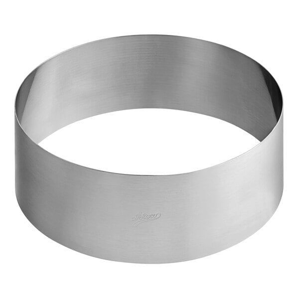 A silver circular metal ring with a white background.