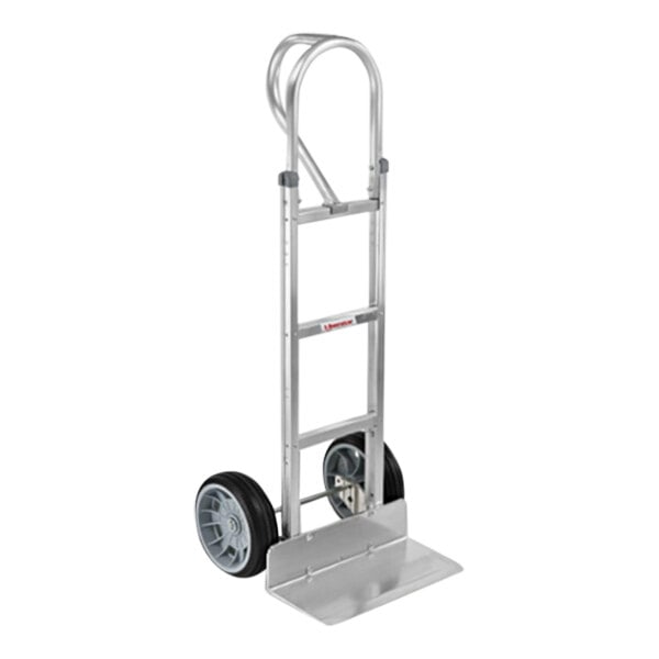 A silver hand truck with black wheels.