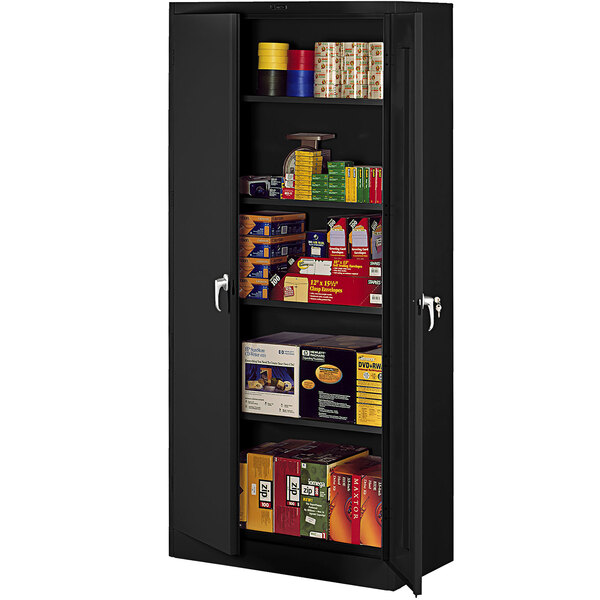 A black metal Tennsco storage cabinet with solid doors and shelves full of items.