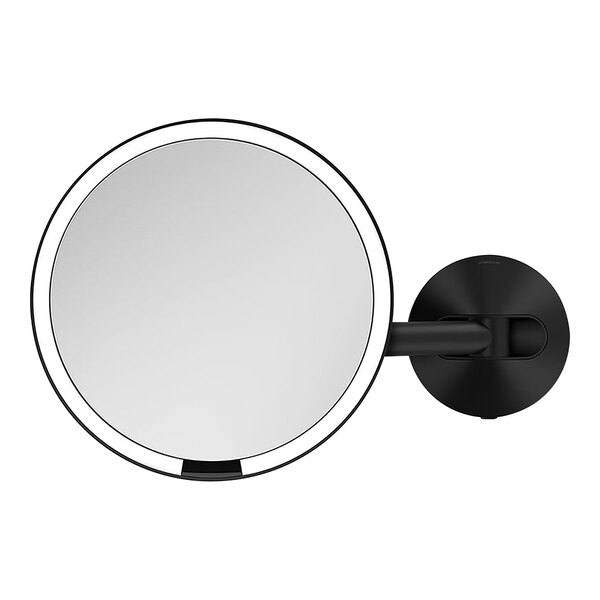 A round black stainless steel wall-mount sensor mirror.
