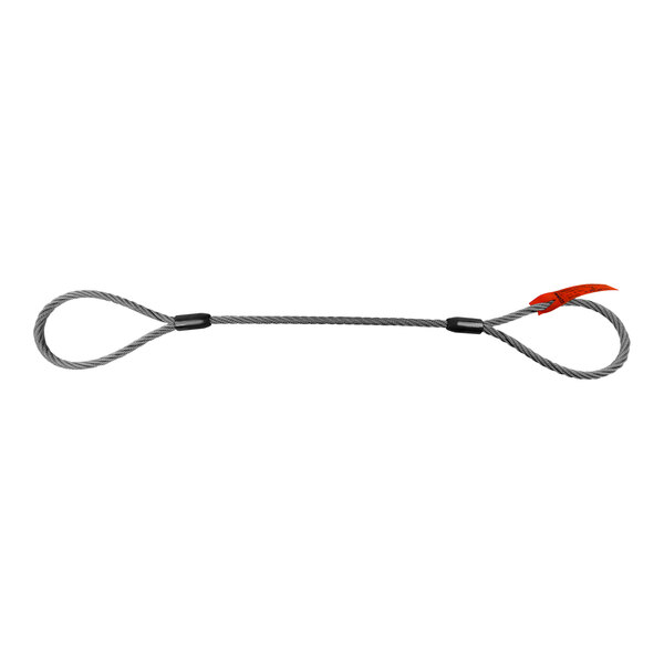 A long black and grey Lift-All wire rope sling with orange accents.