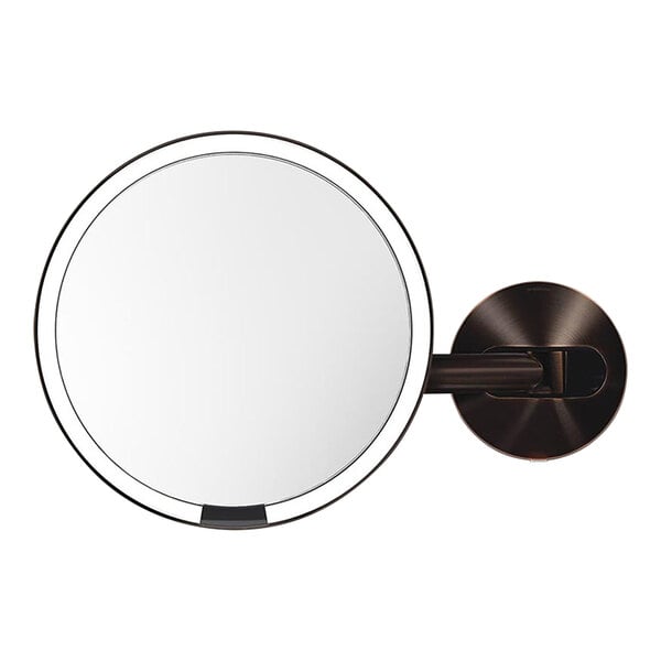 A simplehuman round stainless steel wall-mounted sensor mirror with a dark bronze frame.