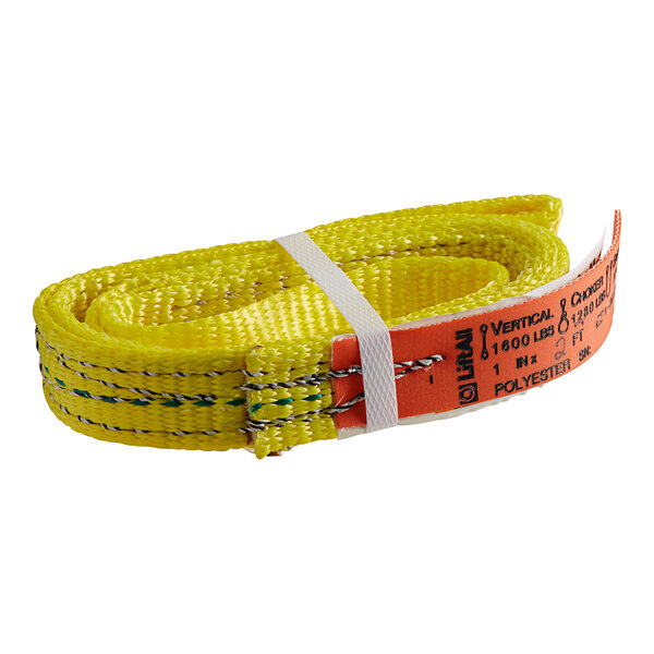 A yellow strap with white and orange bands.