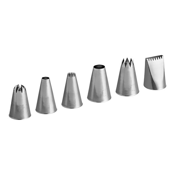 A set of six Ateco metal piping tips.